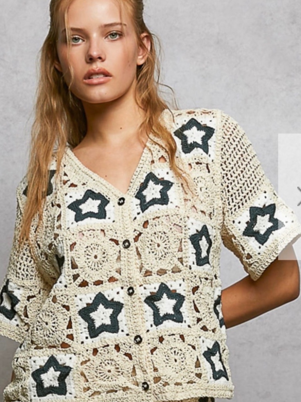 NWT POL Cream Navy Star Crochet Top